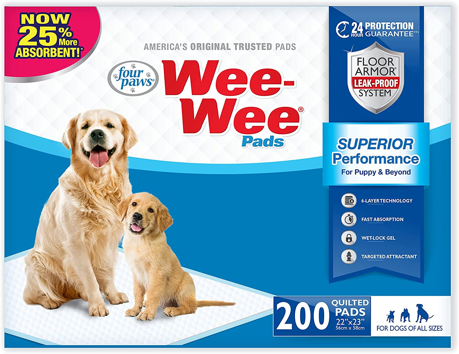Wee-Wee Superior Performance Unscented Puppy Pee Pads for Dogs & Puppies, Quilted Leak-Proof Dog Housebreaking Potty Training Floor Protection, Pet Supplies, 22" X 23", 200 Count